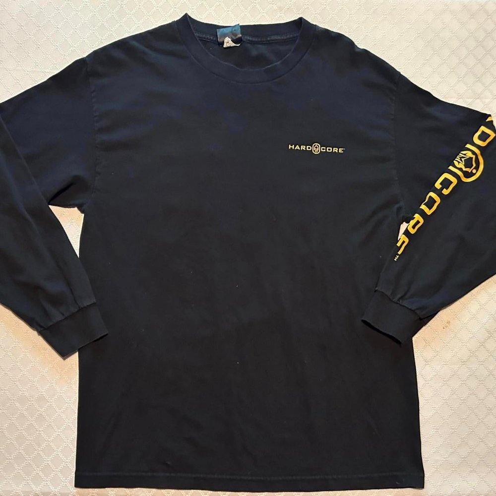 Size Large Hardcore Brand Long Sleeve Black Tee Bright Yellow Lettering down lef